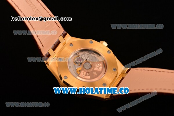 Audemars Piguet Royal Oak 39MM Miyota 9015 Automatic Yellow Gold Case with White Dial Brown Leather Strap and Stick Markers (BP) - Click Image to Close